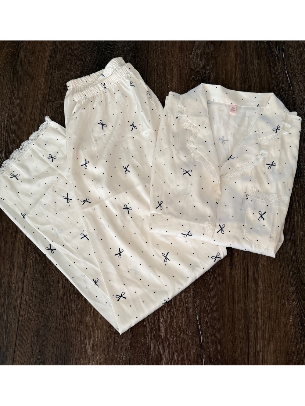 White Bow Print Bridal Pajama Set XL Lace Trim Coquette; Satin, Bridal -NWOT